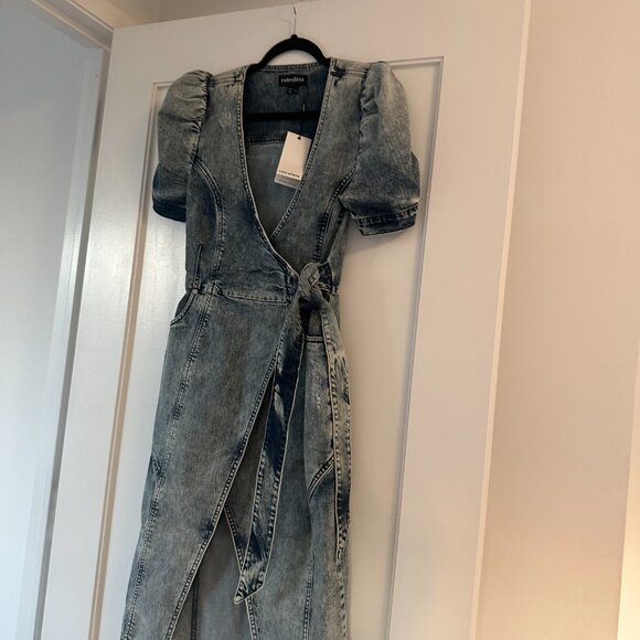 Retrofête Zelda Wrap Dress Distressed Denim In Sienna Puffed Sleeve Front Slit - Picture 4 of 10
